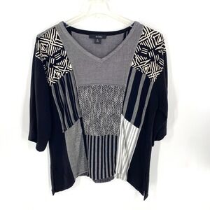 Ali Miles Patchwork Top Black Gray Print 3/4 Sleeve V-Neck Womens Sz M Lagenlook